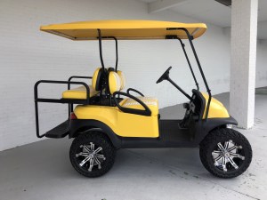 YELLOW AND WHITE DOUBLE TAKE LIFTED CLUB CAR PRECEDENT GOLF CART 035